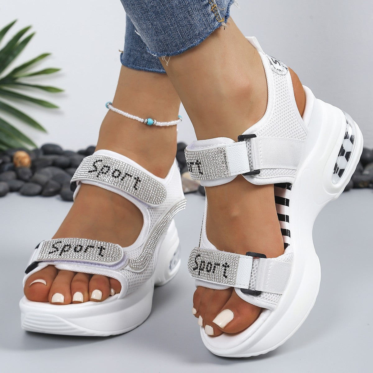 Sandales Femme Plateforme Strass Velcro Semelle Coussin Air Sportives