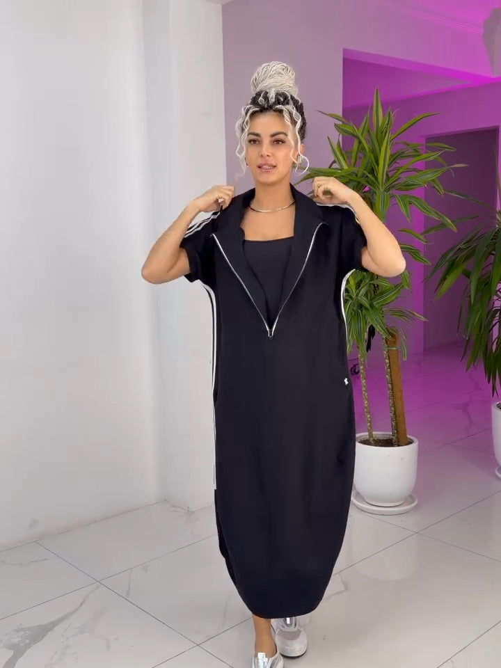 Robe Femme Longue Zippée Col Montant Coupe Fluide Style Sport Chic