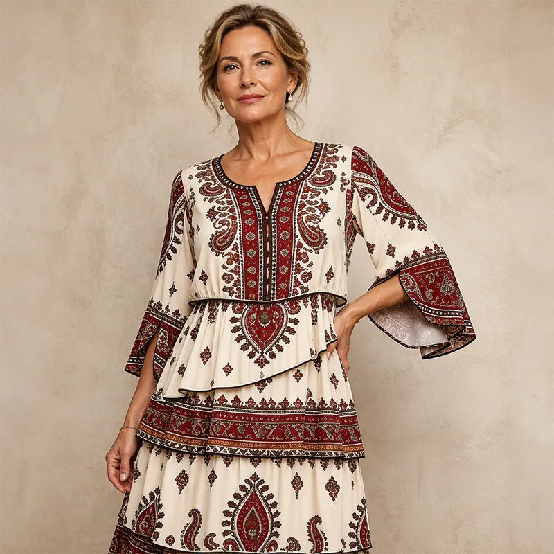 Robe bohème femme à volants et imprimé ethnique
