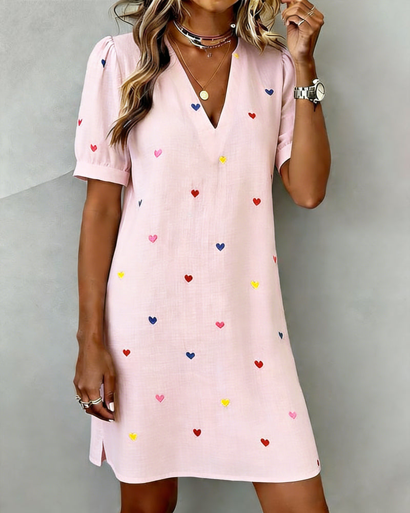 Robe Courte Femme Col V Imprimé Cœurs Coton Lin Manches Bouffantes