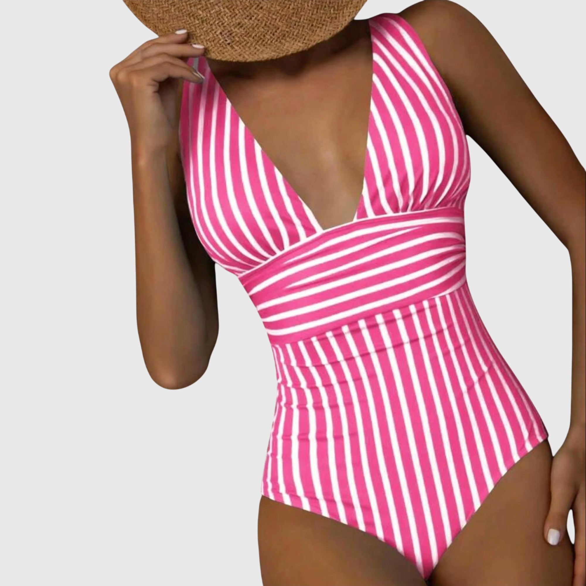 Maillot de bain une pièce femme col V plongeant rayures ceinture croisée gainant