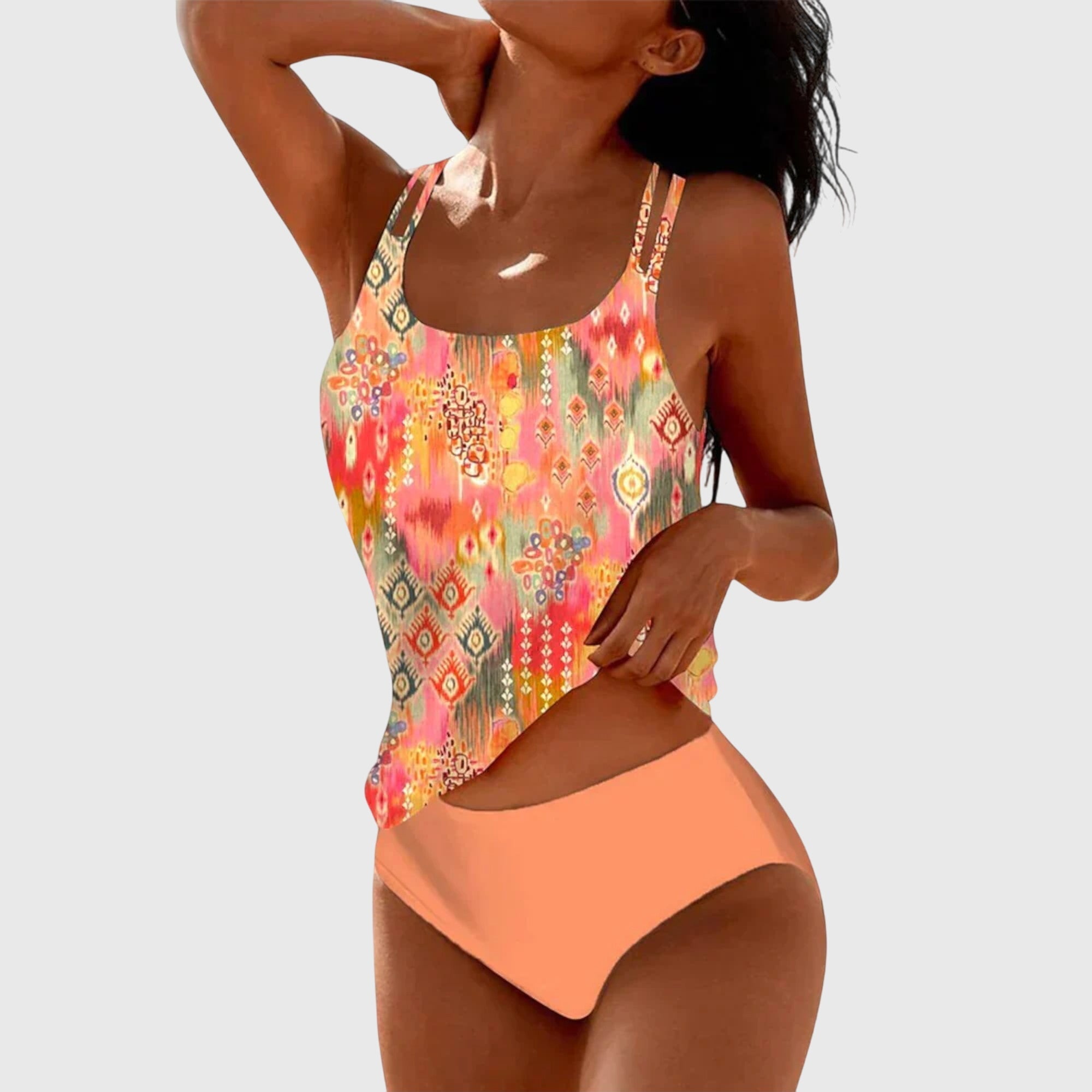 Tankini Deux Pièces Femme Imprimé Floral Oriental Bretelles Doubles Bas Uni