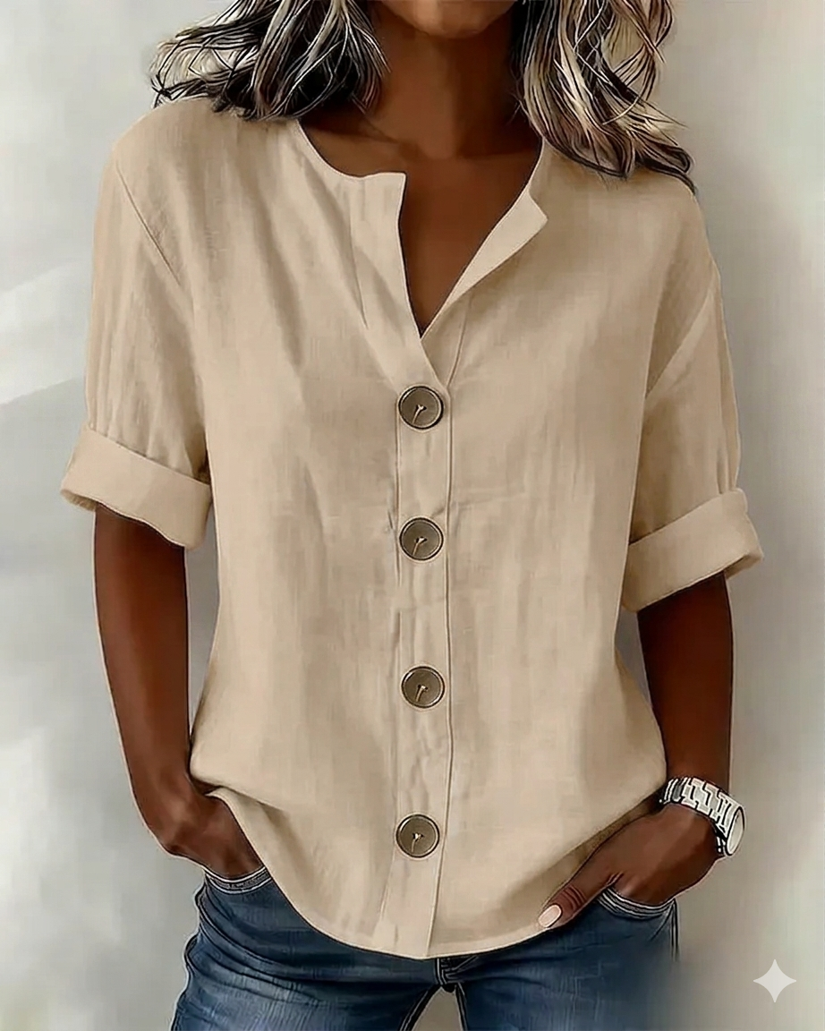 Blouse Femme Coton Ample Manches Courtes Boutonnée Coupe Décontractée