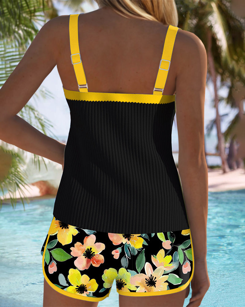 Tankini Deux Pièces Femme Top Côtelé Short Floral Liseré Orange Contrasté