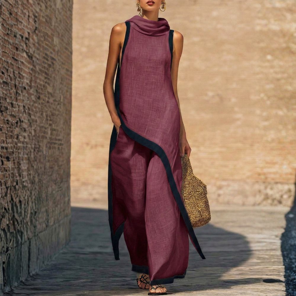 Tenue femme en lin et coton avec tunique asymétrique et pantalon large