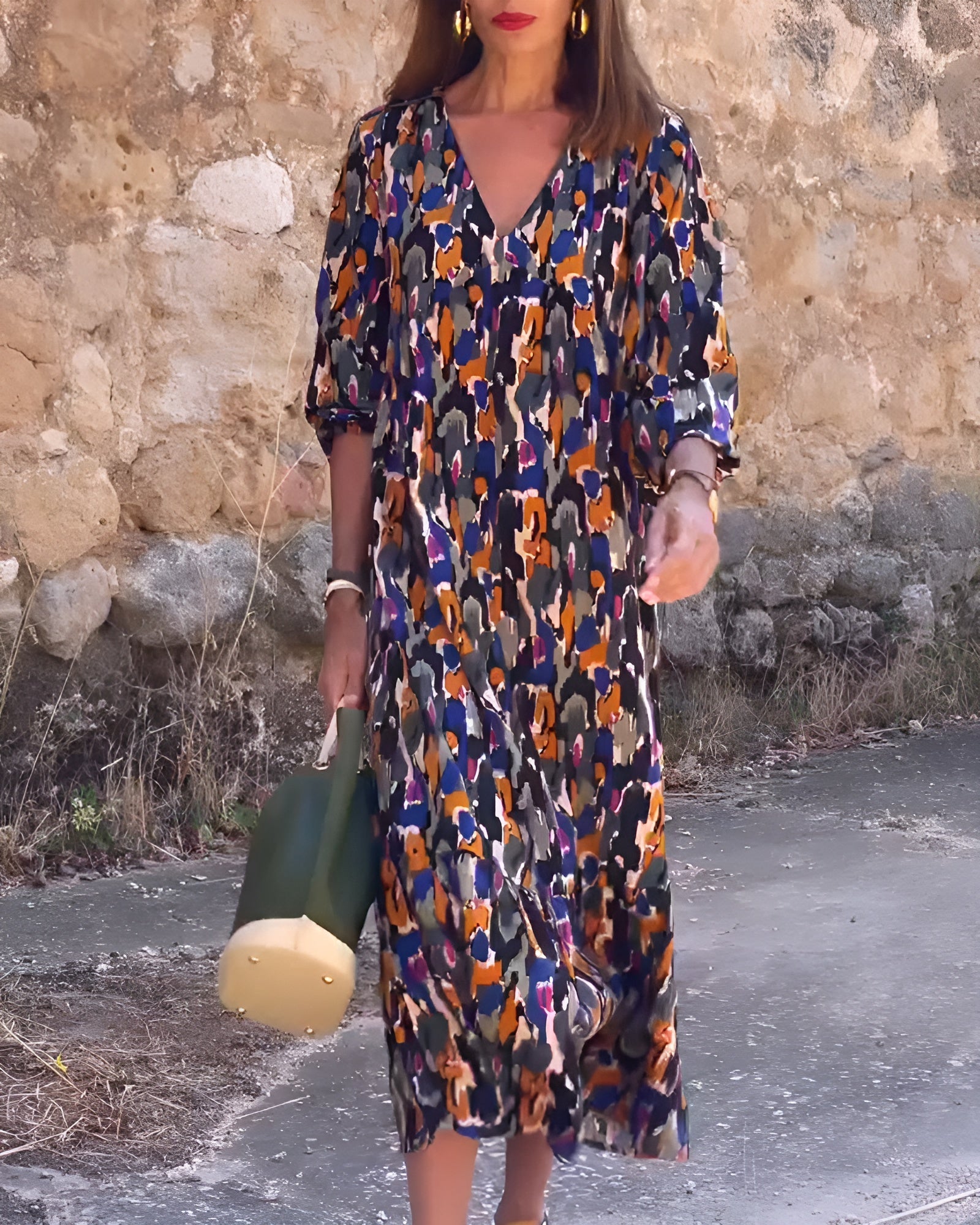 Robe Femme Imprimée Col V Coupe Fluide Tissu Léger Style Rétro Quotidien