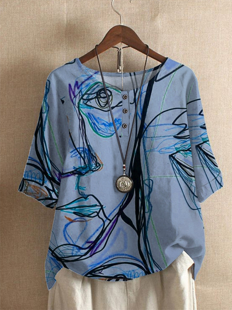T-shirt Femme Artistique Imprimé à Col Rond et Manches 3/4
