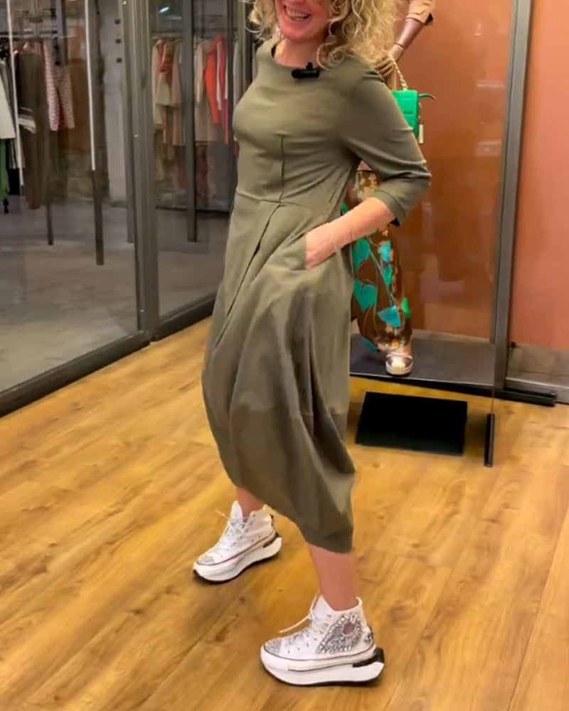 Robe femme manches 3/4 à col rond – Élégance amincissante et confort automnal