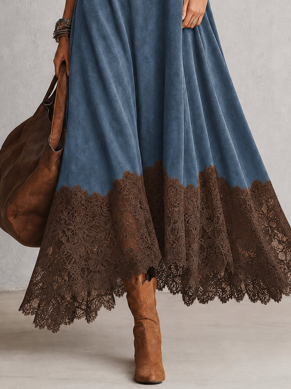 Robe longue femme effet suédé avec dentelle