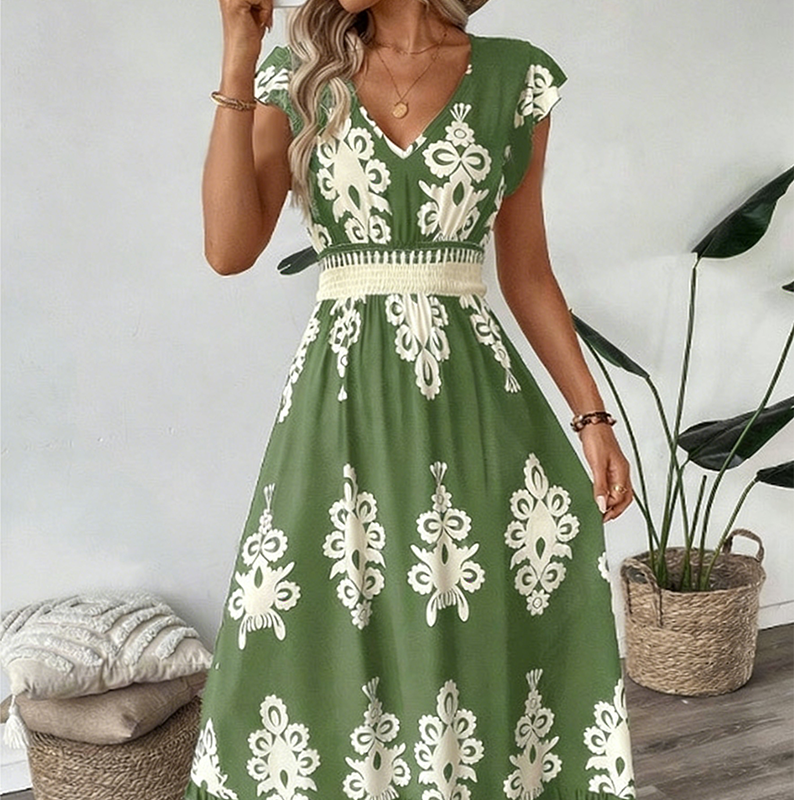 Robe longue femme à imprimé baroque et taille smockée