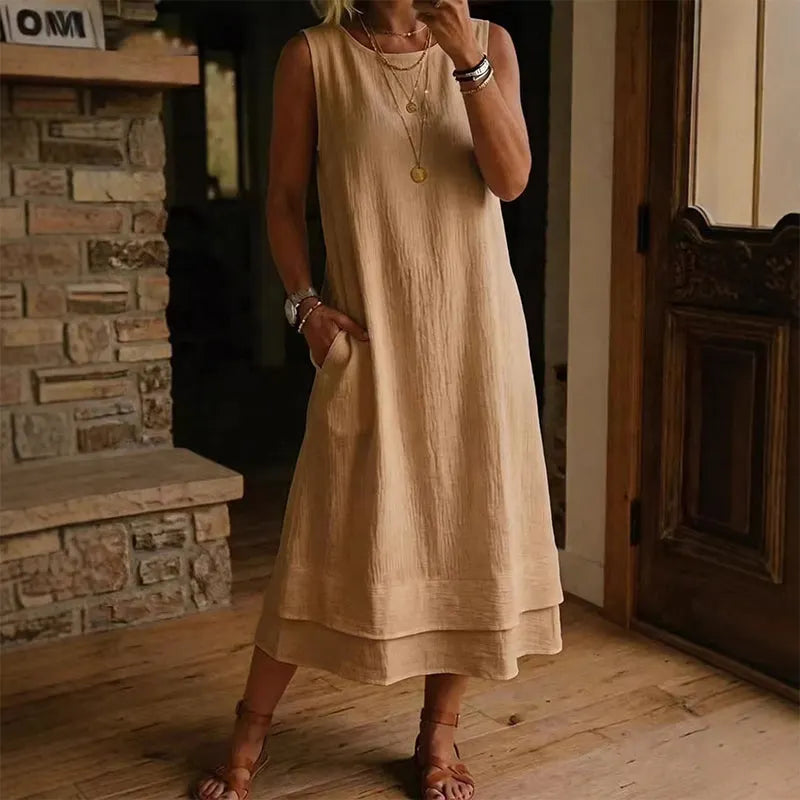 Robe midi femme sans manches à volant et coupe A-line