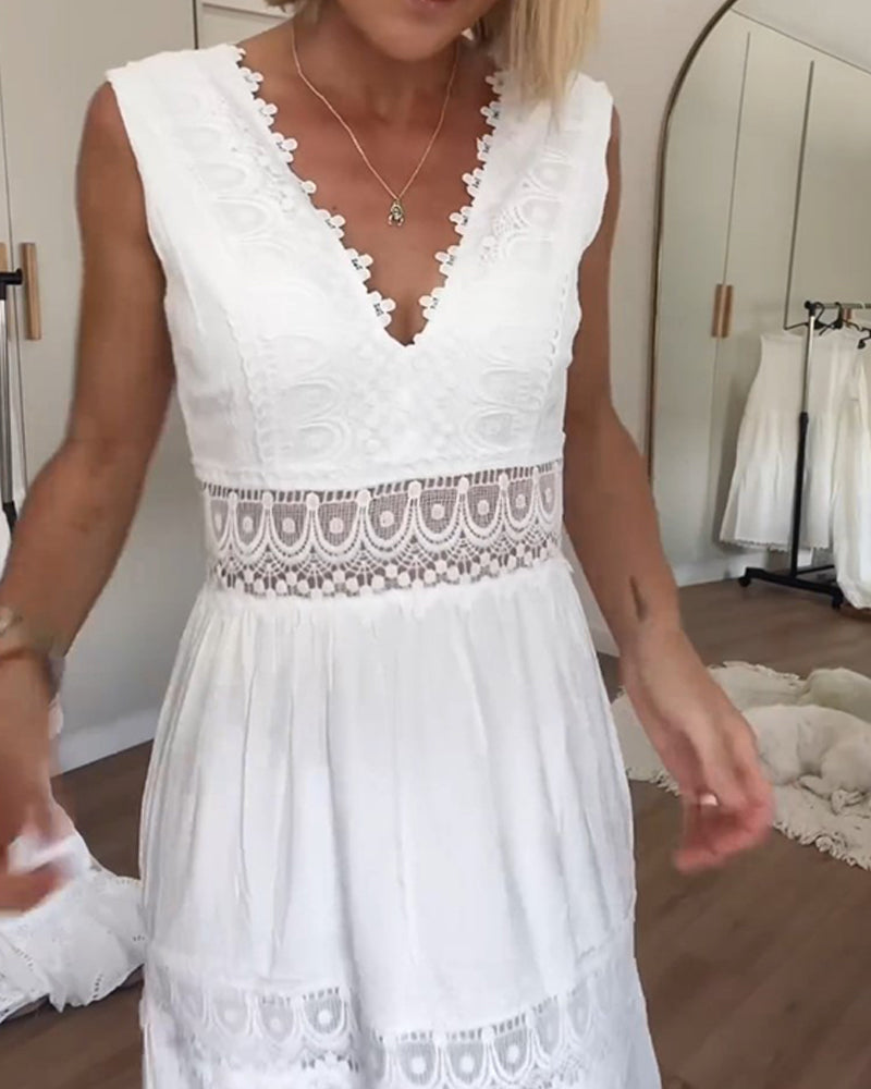 Robe Midi Femme Dentelle Col V Coupe Fluide Sans Manches Style Estival