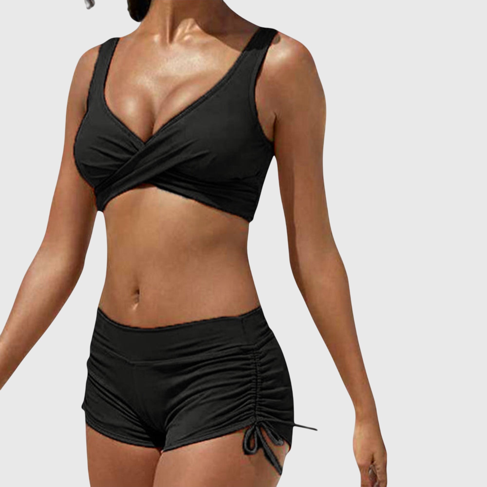 Bikini femme camouflage deux pièces crop top torsadé short froncé ajustable