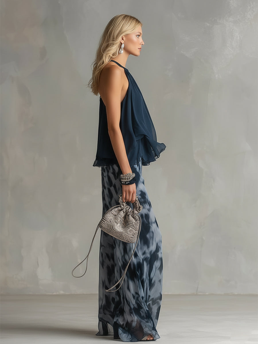 Ensemble Deux Pièces Femme Top Halter Volants Pantalon Large Chiffon Élégant