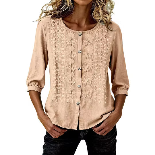 Blouse femme en coton et lin brodée à manches 3/4
