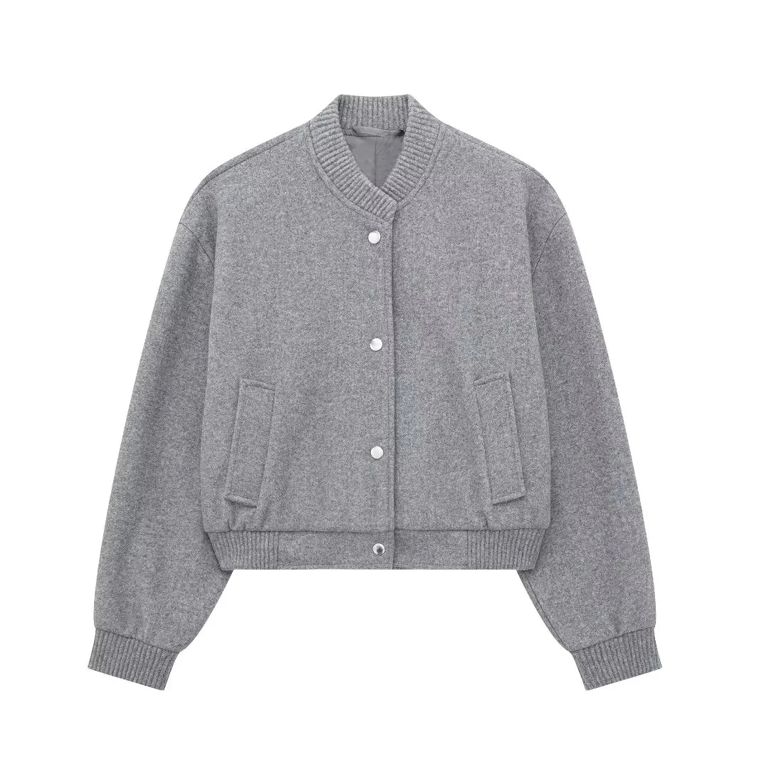 Blouson Bomber Court Femme À Boutons Pression Coupe Moderne Casual