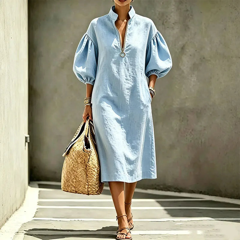 Robe femme fluide à manches bouffantes avec col zippé