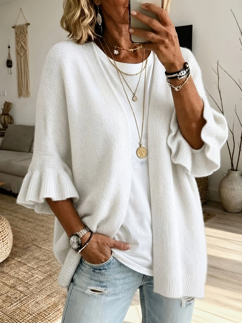 Gilet femme en maille ouvert avec manches volantes
