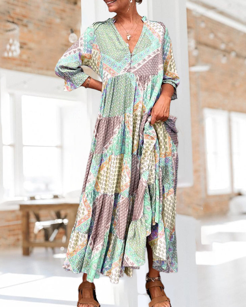 Robe Femme Maxi Imprimé Patchwork Coupe Ample Col V Manches 3/4