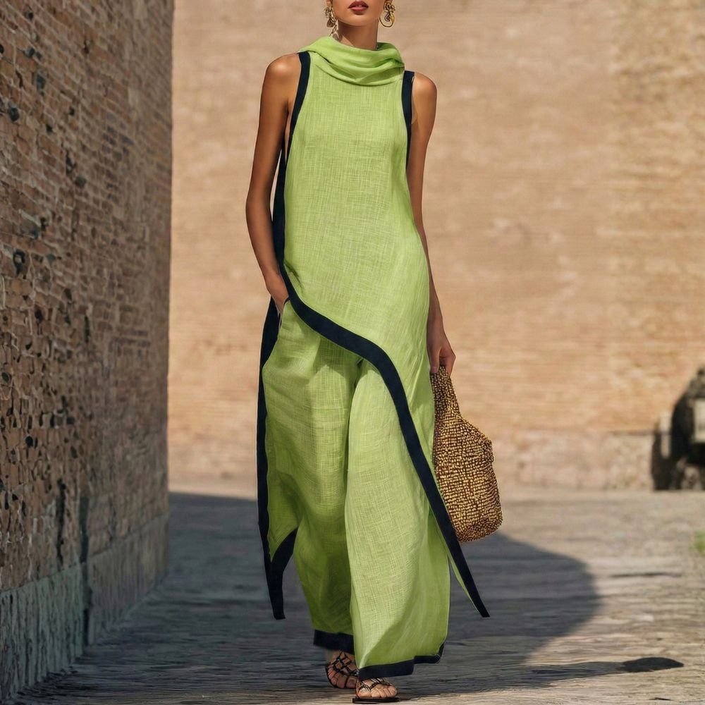 Tenue femme en lin et coton avec tunique asymétrique et pantalon large