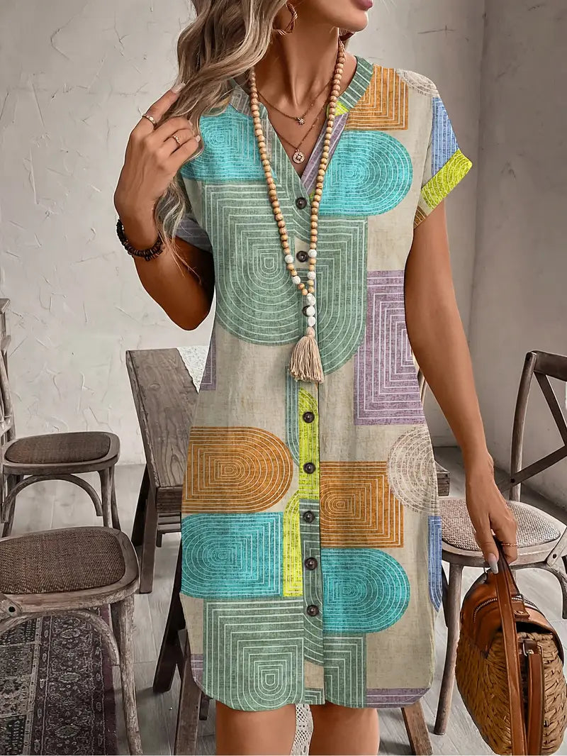 Robe femme courte fluide imprimé géométrique col V boutonnée manches courtes