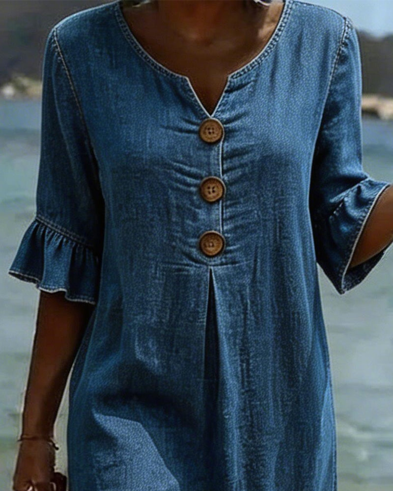 Robe Femme Denim Fluide Manches Volantées Élégante Été