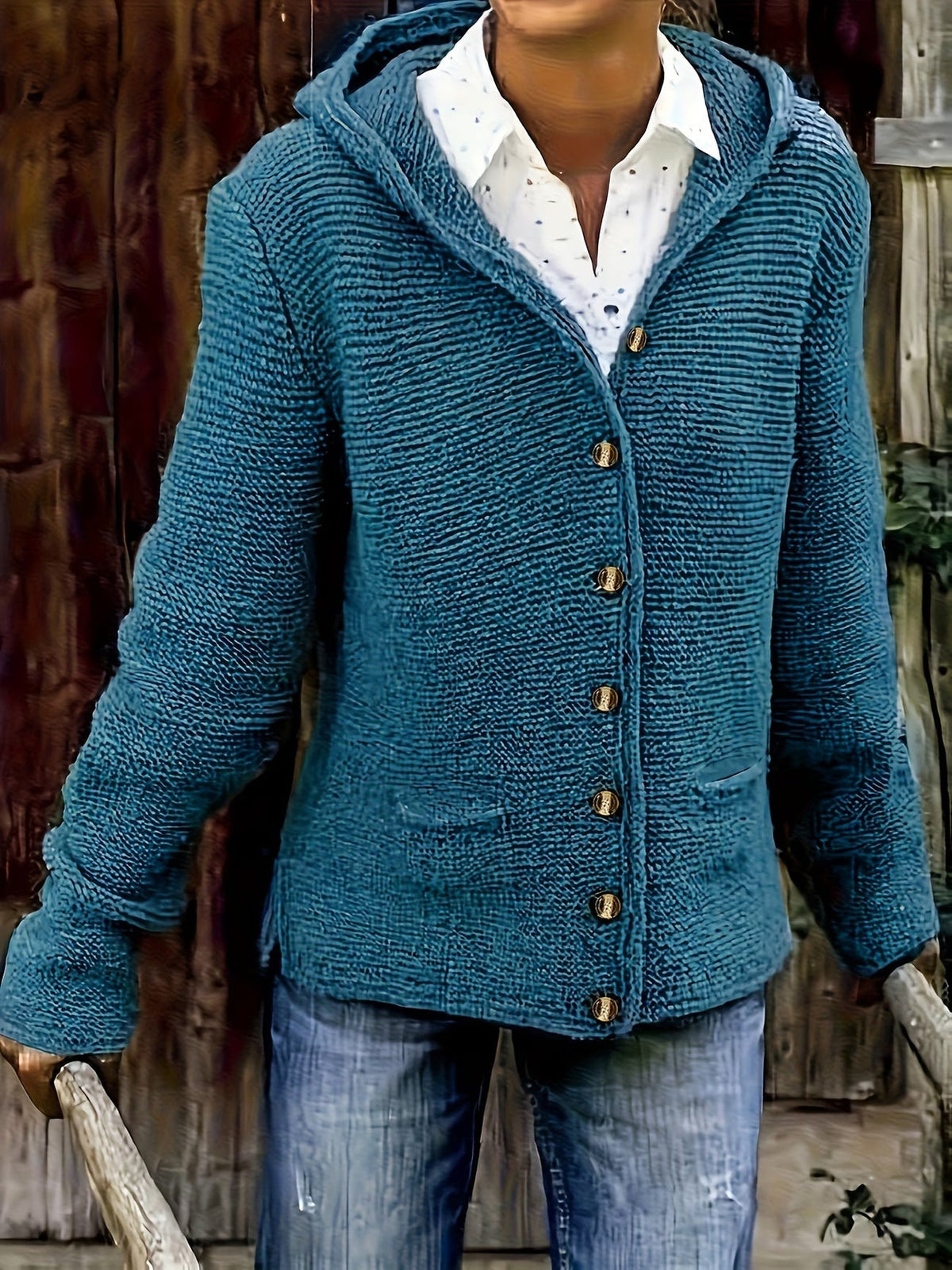 Cardigan femme en grosse maille à capuche et boutons