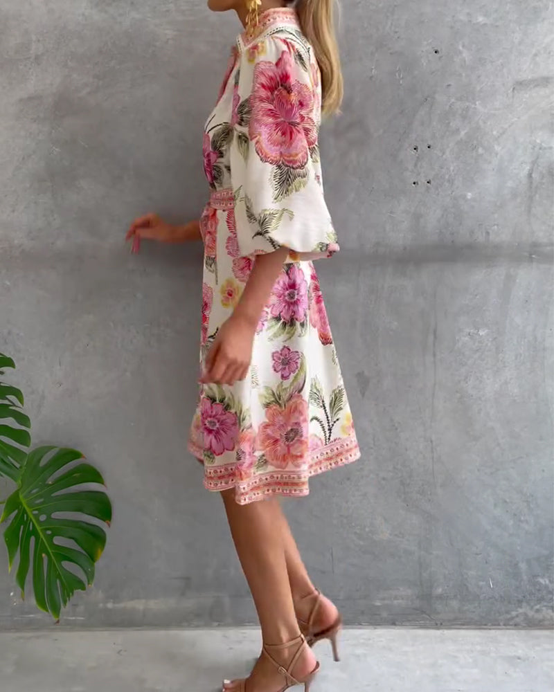 Robe Fleurie Élégante Femme à Manches Lanternes et Boutons