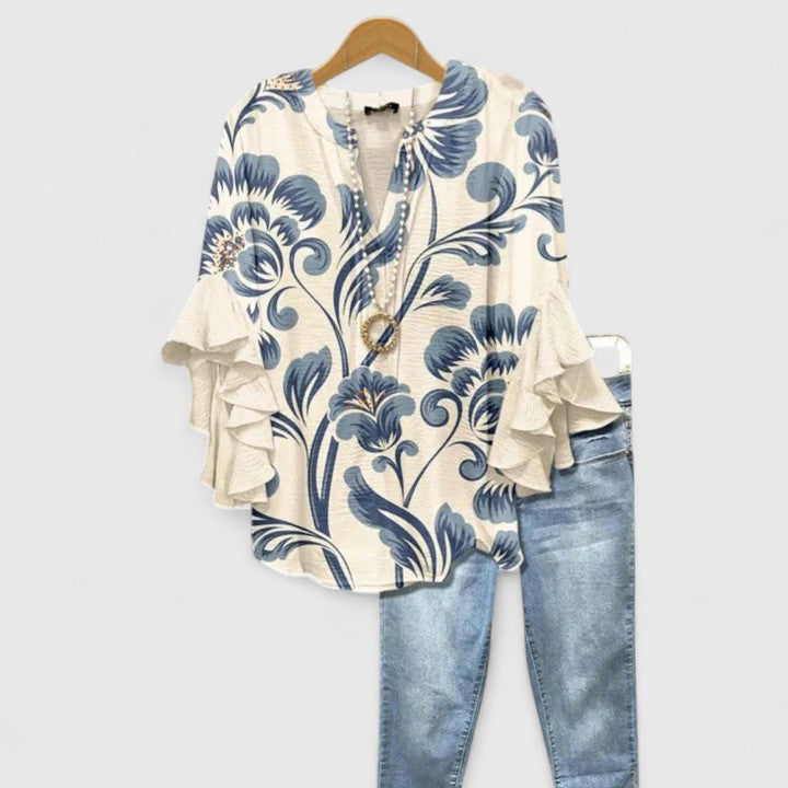 Blouse Femme Bohème à Imprimé Floral et Manches Volantées