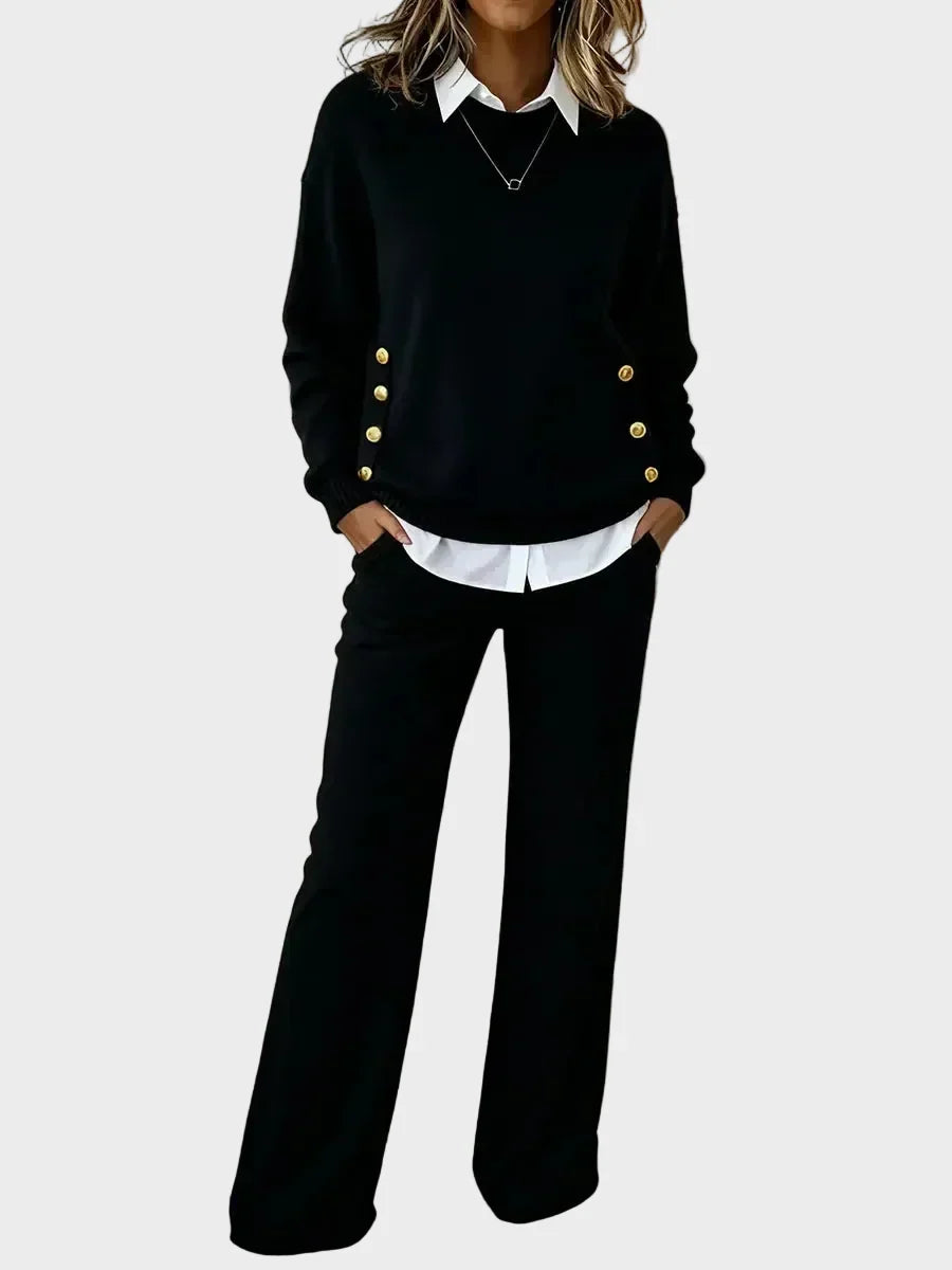 Ensemble femme en maille à boutons avec pantalon large
