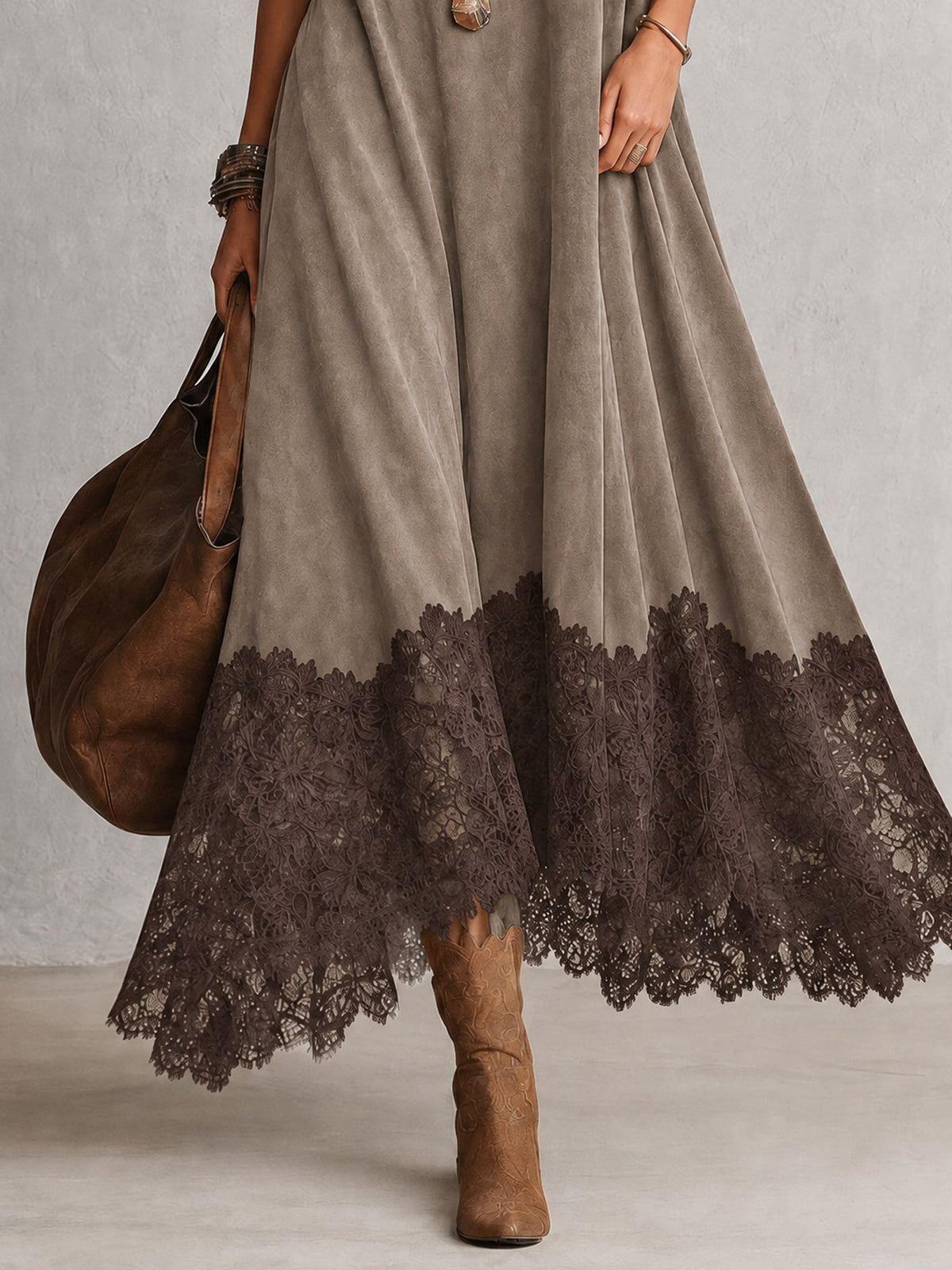 Robe longue femme effet suédé avec dentelle