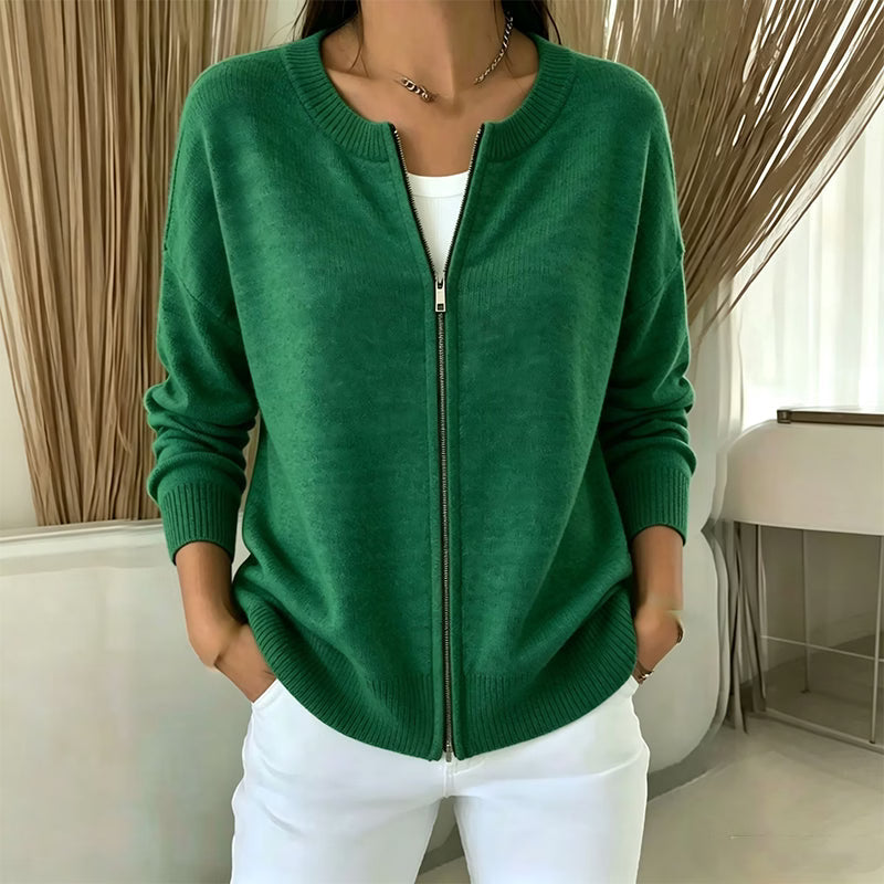 Cardigan en maille femme à col rond et fermeture zippée