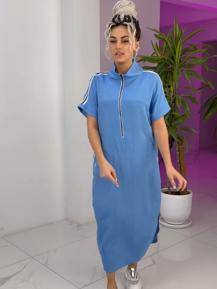 Robe Femme Longue Zippée Col Montant Coupe Fluide Style Sport Chic