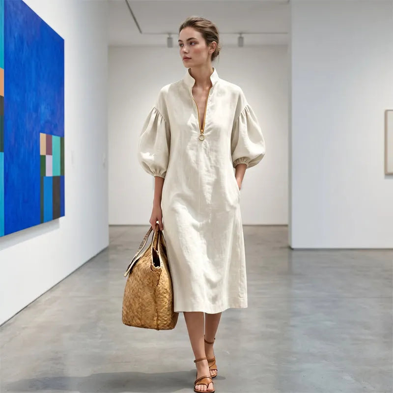 Robe femme fluide à manches bouffantes avec col zippé