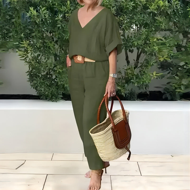 Ensemble Femme Col V Pantalon Ample Style Décontracté