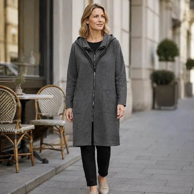 Manteau mi-long femme à capuche et fermeture zippée