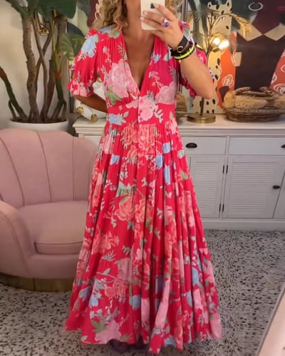 Robe Longue Femme Fluide Imprimée Col V avec Poches pour Style Élégant et Confort Estival