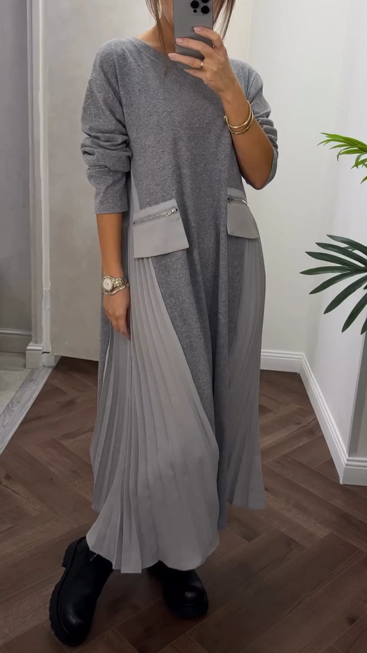 Robe longue femme plissée fluide col rond manches longues avec poches décontractée chic