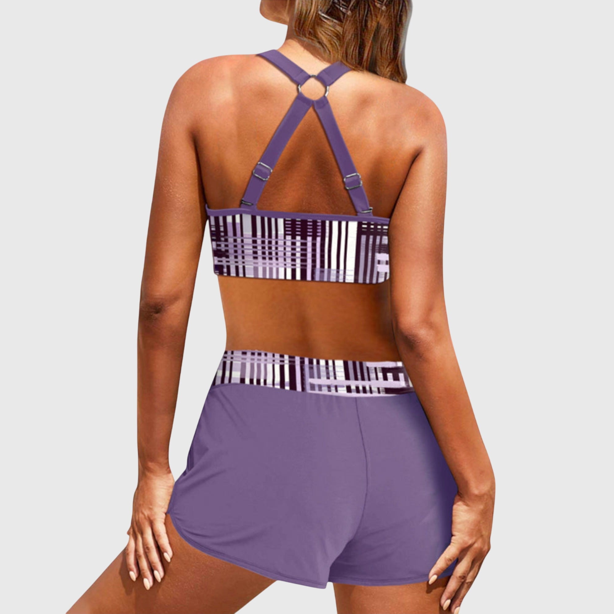 Bikini Deux Pièces Femme Top Imprimé Rayures Short Lacet Sportif