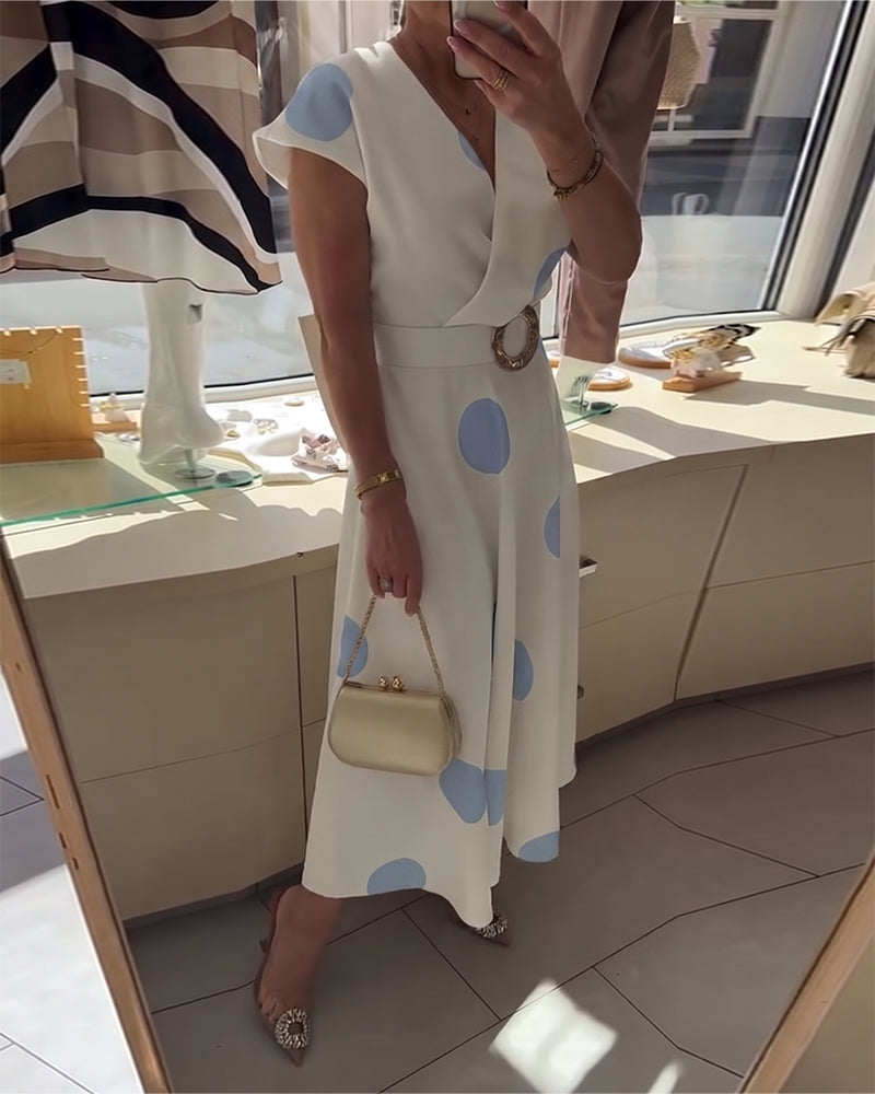 Robe femme à pois avec col V croisé et taille ceinturée