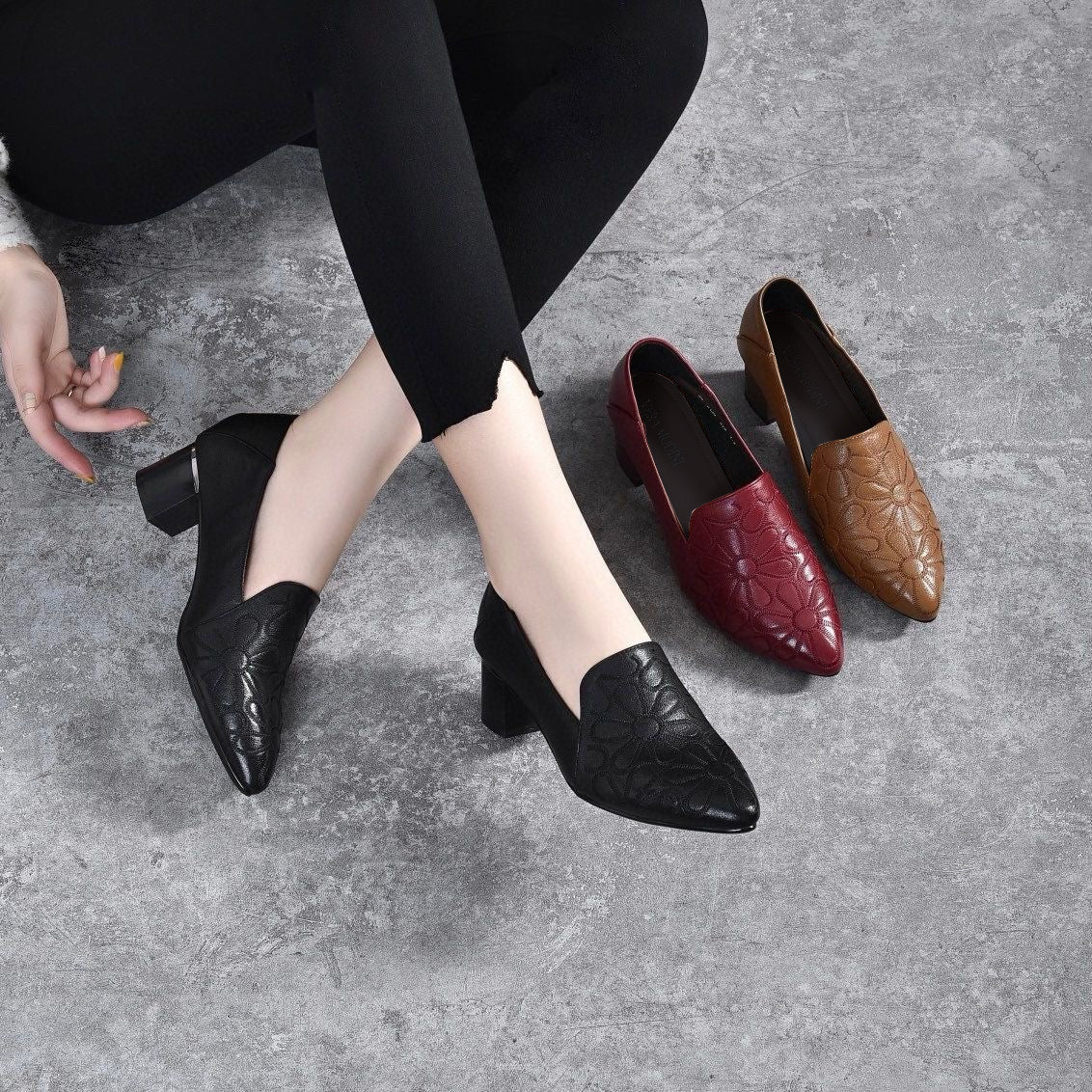 Escarpins Femme Cuir Véritable Brodé Talon Confortable Usage Quotidien