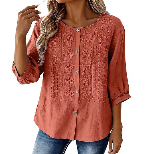 Blouse femme en coton et lin brodée à manches 3/4