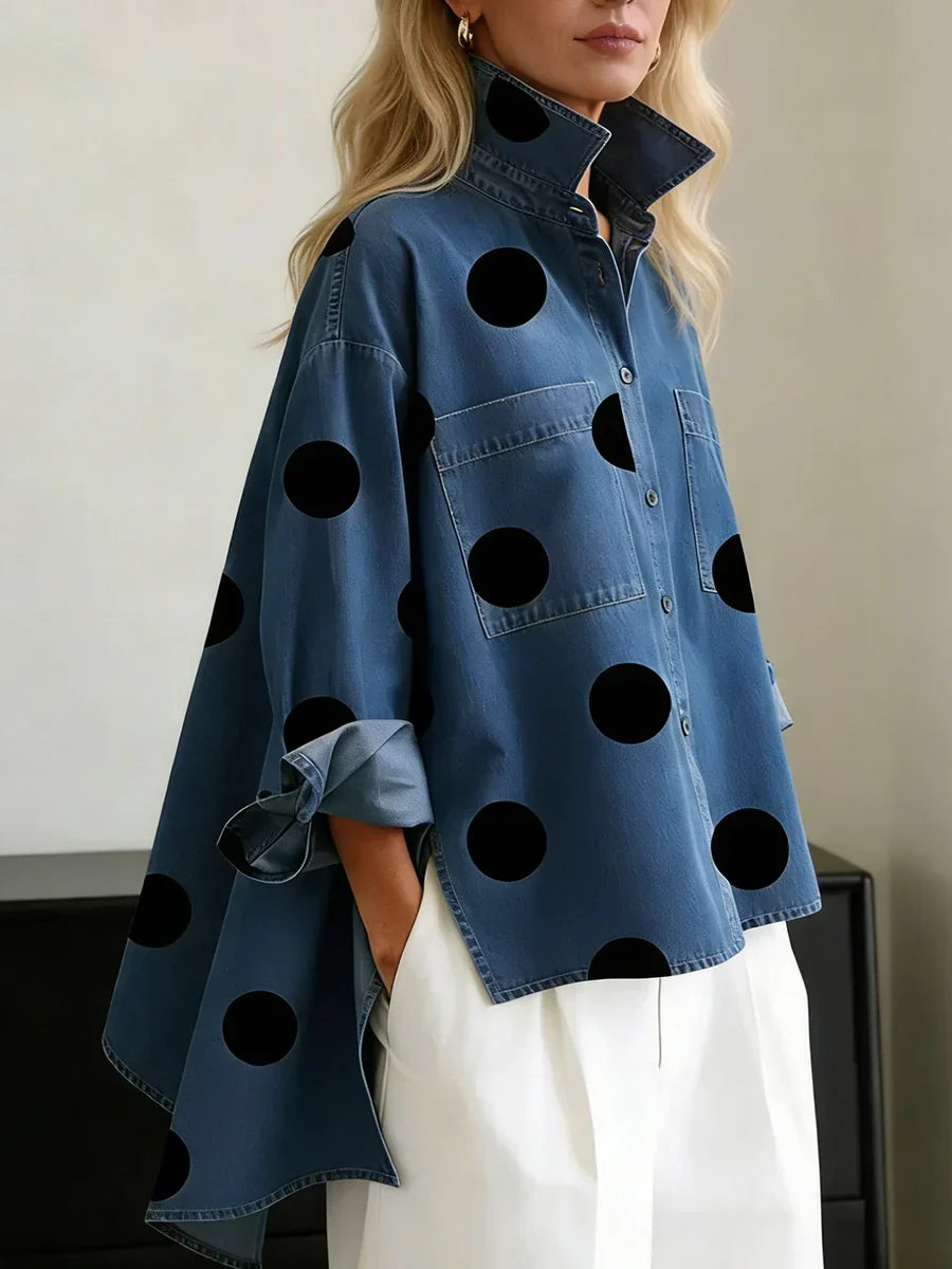 Haut Femme Oversize à Pois Artistiques Col Structuré Élégant