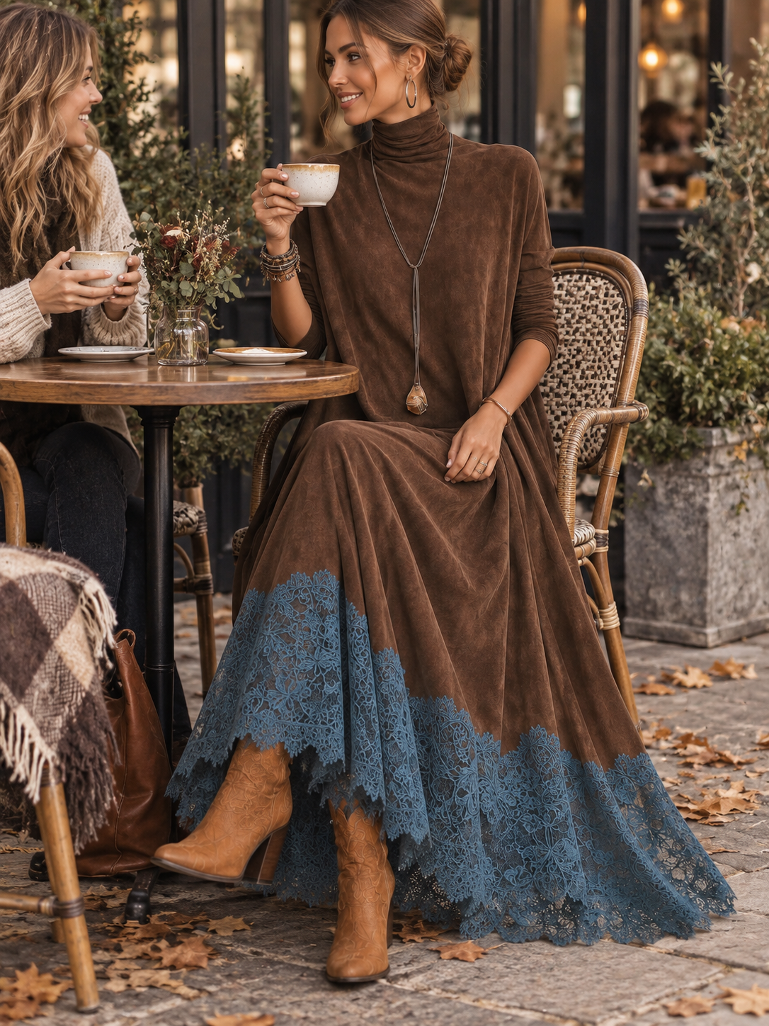 Robe longue femme effet suédé avec dentelle