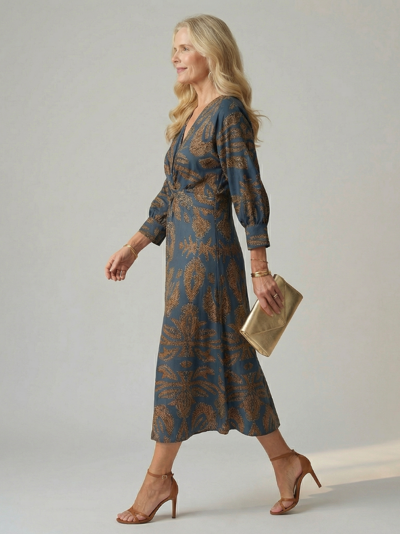Robe Femme Midi Croisée Imprimée Taille Cintrée Élégante