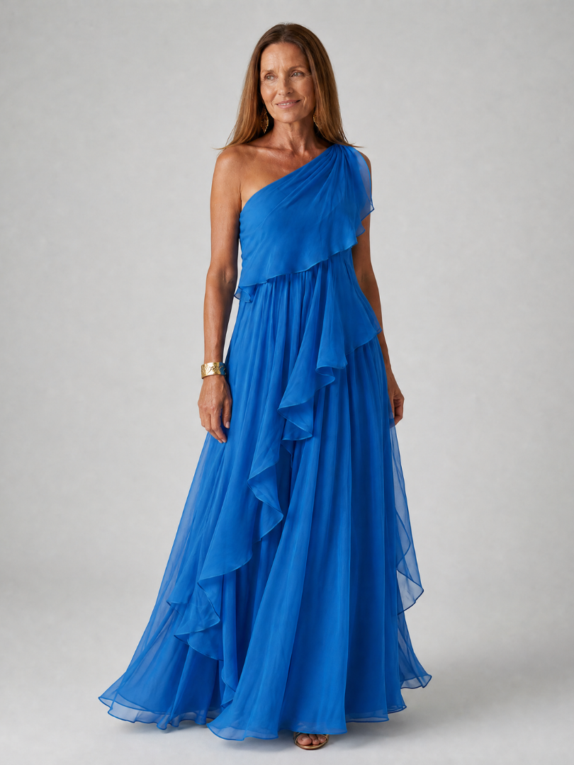 Robe maxi femme asymétrique à volants en mousseline