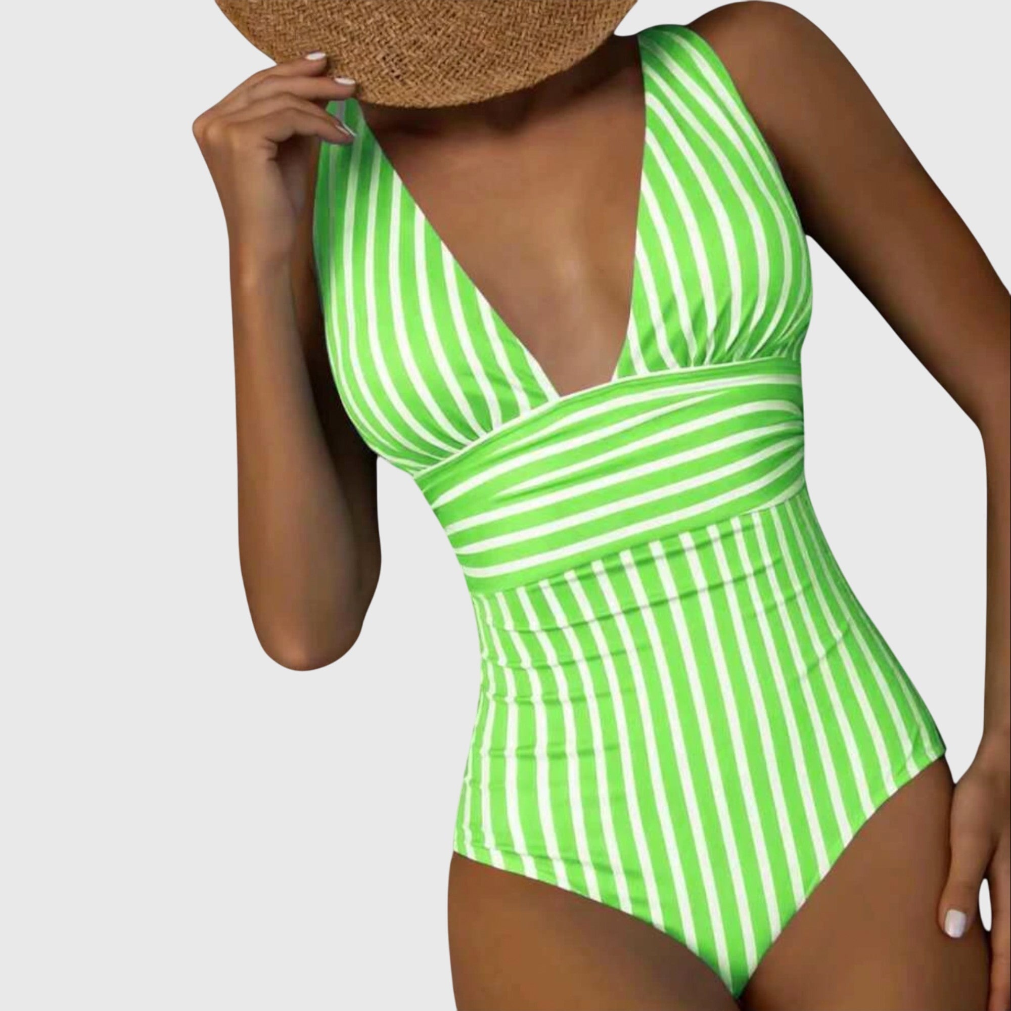 Maillot de bain une pièce femme col V plongeant rayures ceinture croisée gainant