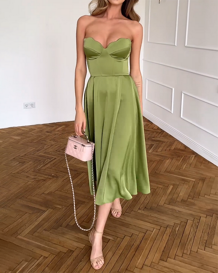 Robe Midi Élégante en Satin Sans Bretelles pour Femmes