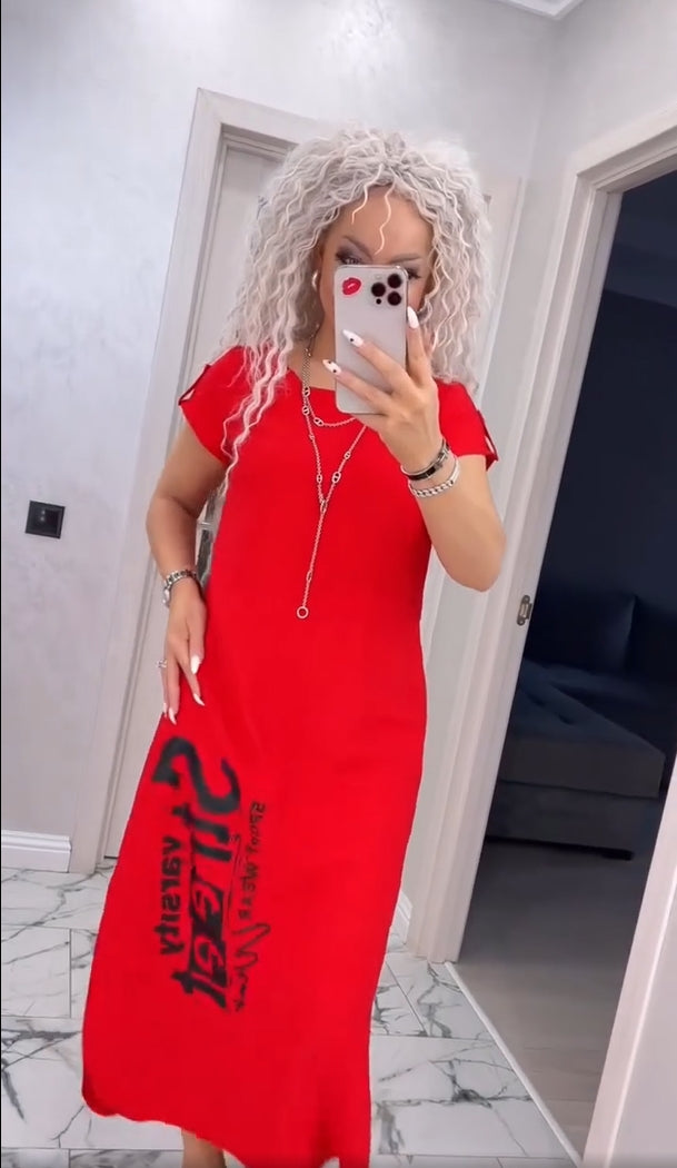 Robe Femme Imprimé Lettres Coupe Ample Col Rond Fente Style Casual