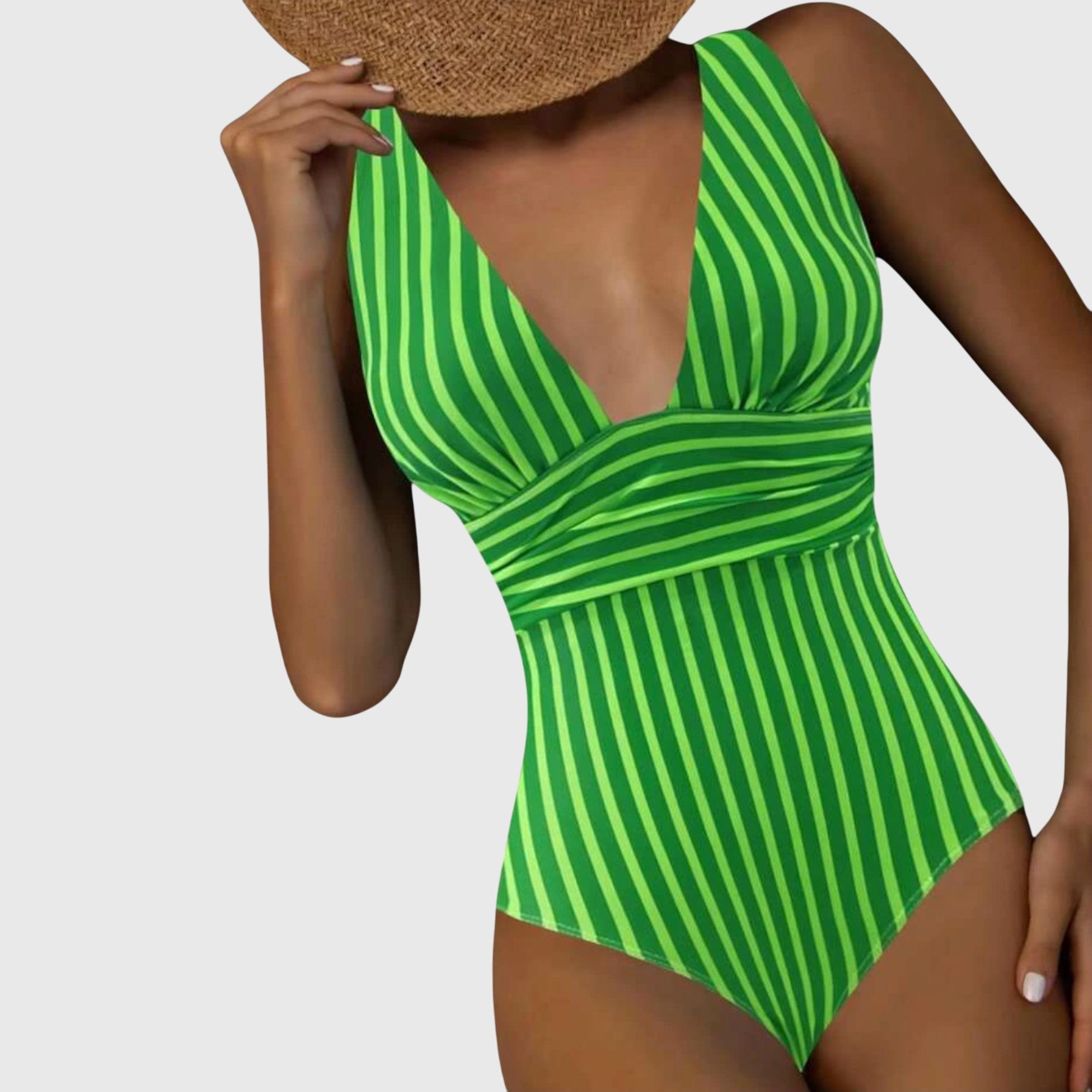 Maillot de bain une pièce femme col V plongeant rayures ceinture croisée gainant